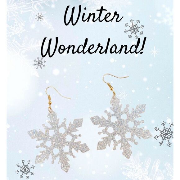 NWT Christmas Winter Wonderland LG Silver Glitter Snowflake Earrings - Picture 2 of 6